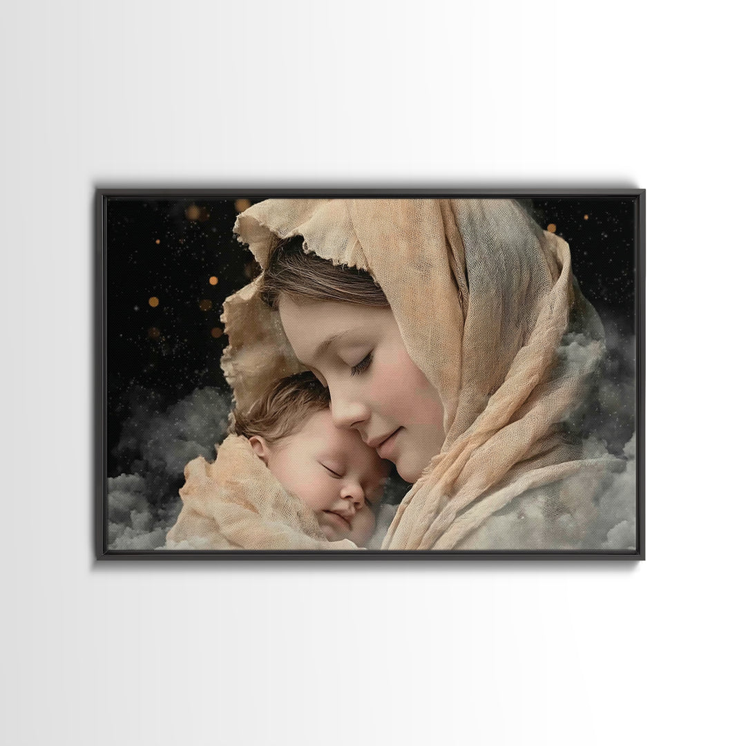 Divine Tenderness | Framed Canvas Print | Christian Art | Christian Art Canvas | Mary And Jesus Painting | Christian Wall Art