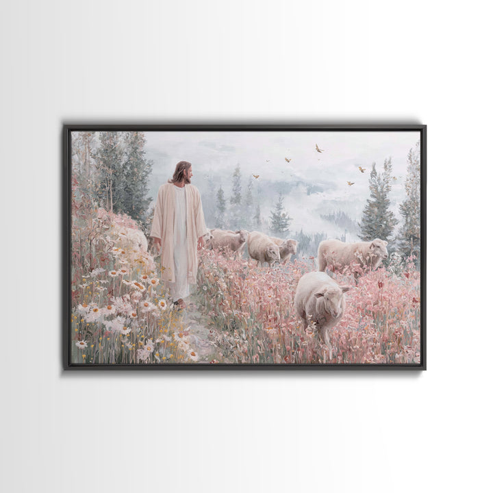 Meadow Shepherd – Framed Canvas Print – Christian Wall Art – Jesus Painting – Christian Art Canvas – Christian Gift – Modern Christian Art