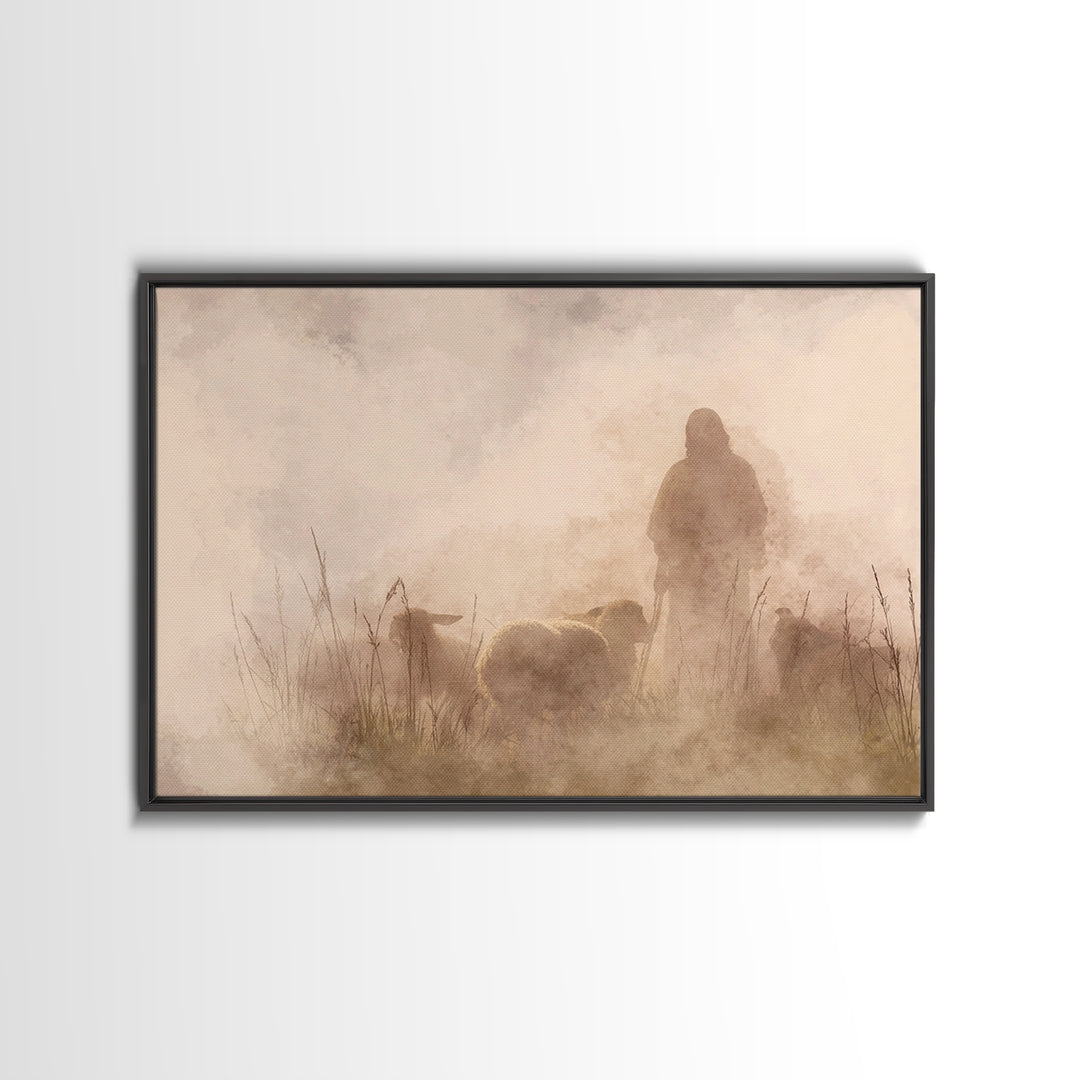 Shepherd In The Mist – Framed Canvas Print – Christian Art Canvas – Christian Wall Art – Jesus Painting – Moody Christian Art – Christian G