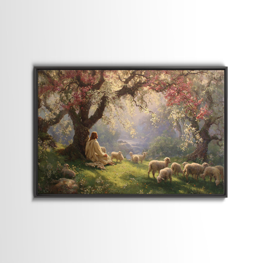 Pastoral Dawn Peace – Framed Canvas Print – Jesus Painting – Christian Wall Art – Christian Art Canvas – Christian Christmas Art – Christia