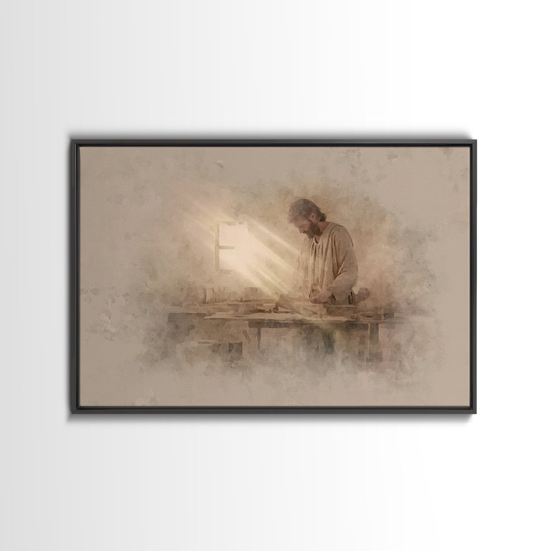Carpenter’s Light – Framed Canvas Print – Christian Wall Art – Jesus Painting – Christian Art Canvas – Minimalist Christian Art – Christian