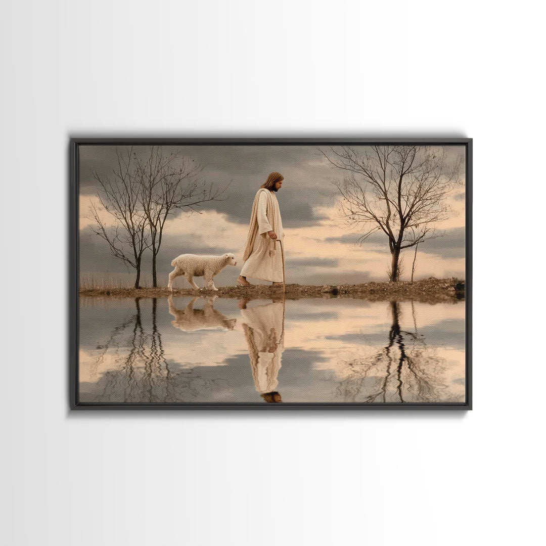 Shepherd’s Quiet Walk, Framed Canvas Print, Christian Wall Art, Jesus Painting, Christian Art Canvas, Christian Christmas Art, Christian De