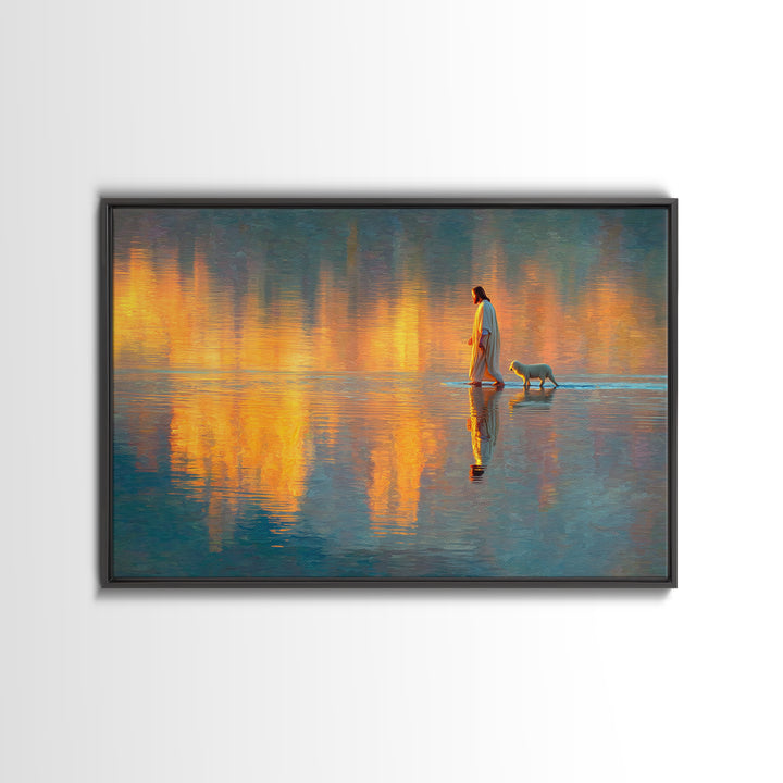 Golden Dawn Reflections | Framed Canvas Print | Christian Wall Art | Jesus Painting | Christian Art Canvas | Modern Christian Art | Christi