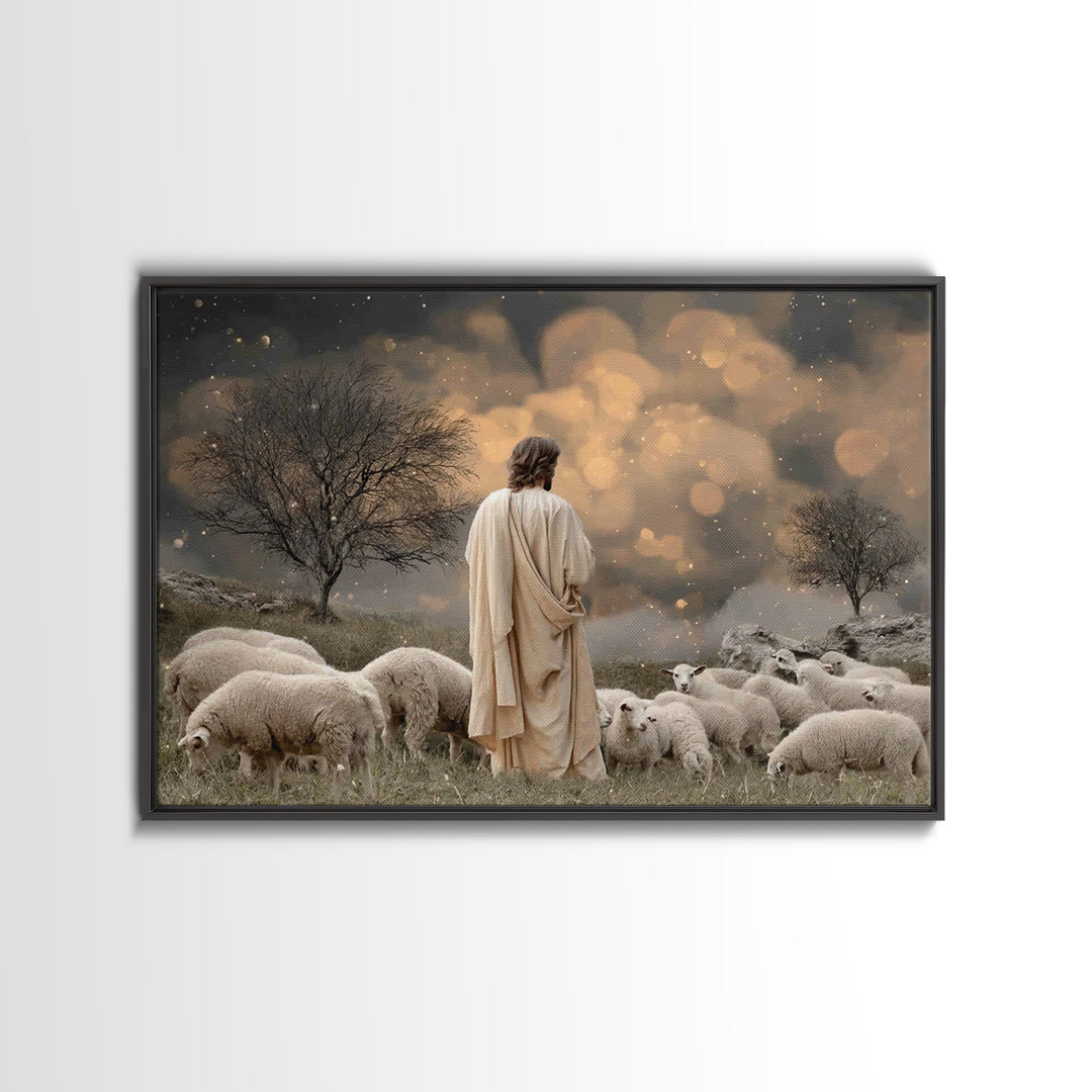 Twilight Pasture Watch | Framed Canvas Print | Christian Art Canvas | Jesus Painting | Christian Wall Art | Moody Christmas Art | Christian