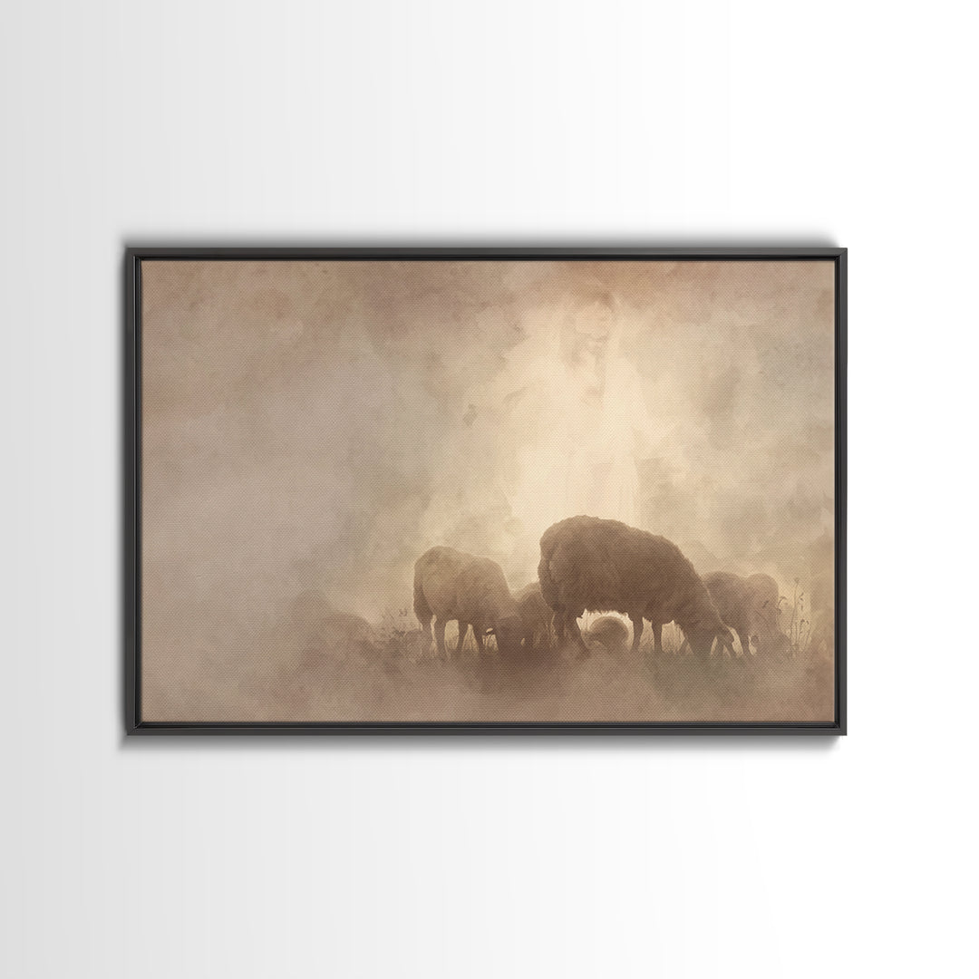 Heavenly Pasture Light, Framed Canvas Print, Christian Wall Art, Christian Art Canvas, Jesus Painting, Subtle Christian Art, Christian Gift