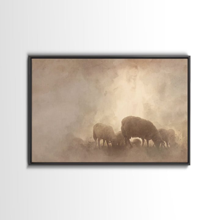 Heavenly Pasture Light, Framed Canvas Print, Christian Wall Art, Christian Art Canvas, Jesus Painting, Subtle Christian Art, Christian Gift