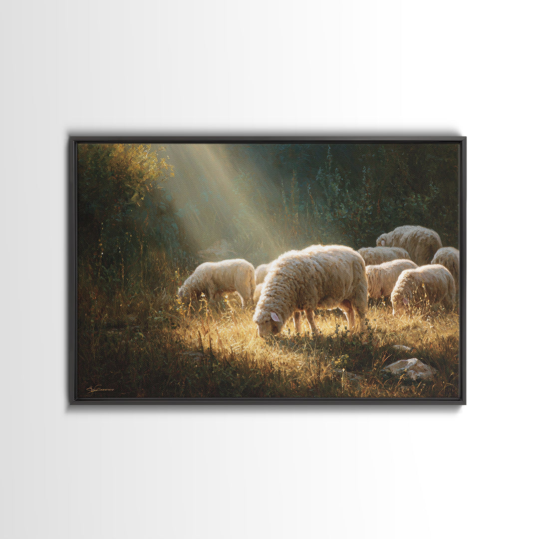 Sunlit Meadow Peace – Framed Canvas Print – Christian Art Canvas – Christian Wall Art – Christian Painting – Christian Gift – Christmas Art
