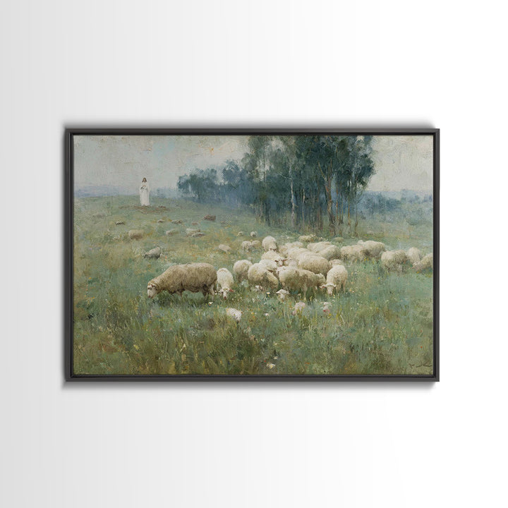 Hillside Shepherd Calm | Framed Canvas Print | Christian Art Print | Christian Wall Art | Jesus Painting | Vintage Christian Art | Christia
