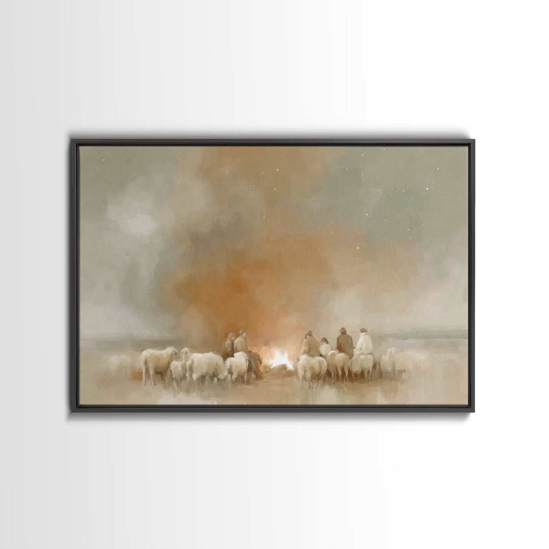 Fireside Shepherd Night | Framed Canvas Print | Christian Wall Art | Christian Art Canvas | Christmas Art | Christian Christmas Decor | Chr