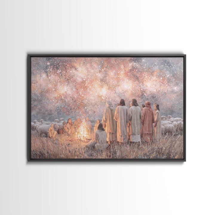 Celestial Gathering Light, Framed Canvas Print, Christian Wall Art, Christian Art Canvas, Christian Christmas Art, Jesus Painting, Modern C