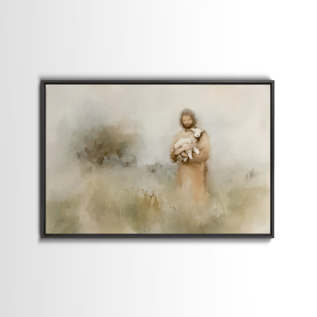 Soft Meadow Shepherd – Framed Canvas Print – Minimalist Christian Art – Christian Wall Art – Christian Art Canvas – Subtle Christian Painti