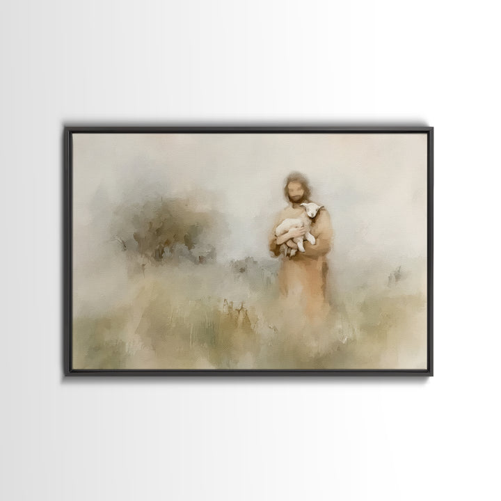 Soft Meadow Shepherd – Framed Canvas Print – Minimalist Christian Art – Christian Wall Art – Christian Art Canvas – Subtle Christian Painti