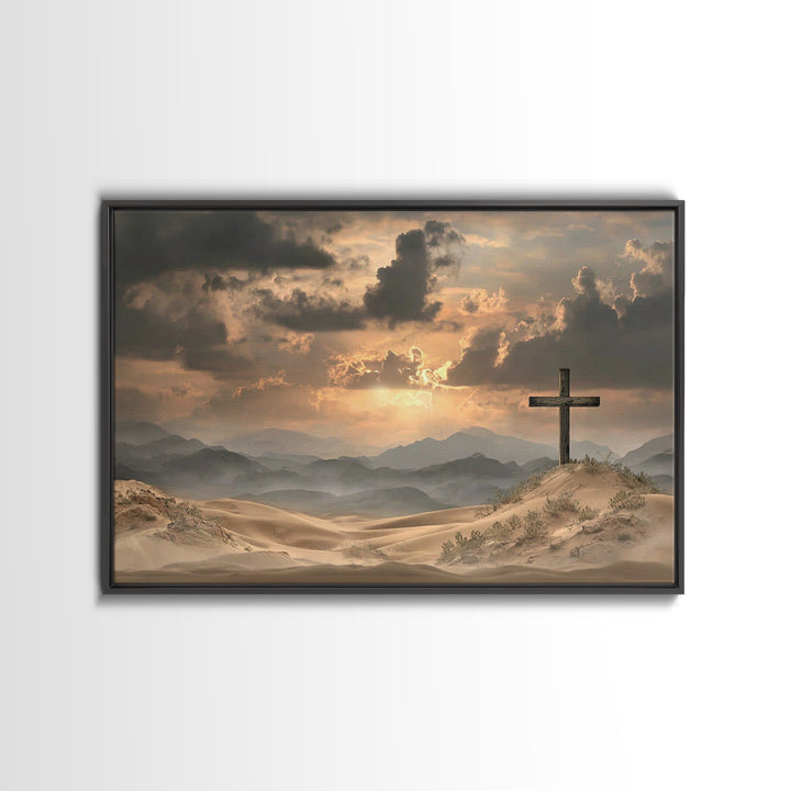 Desert Cross Stillness, Framed Canvas Print, Christian Wall Art, Christian Art Painting, Moody Christian Art, Christian Art Canvas, Jesus P