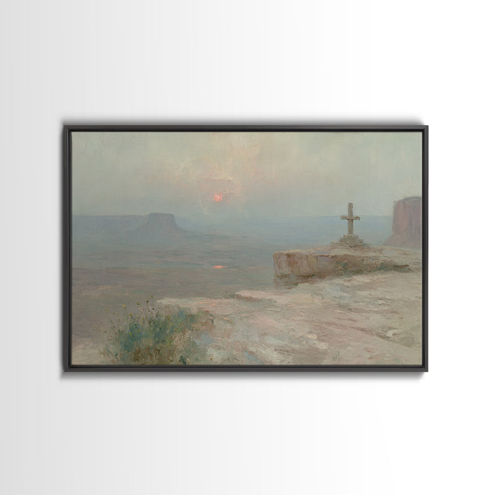 Cliffside Cross Peace, Framed Canvas Print, Christian Painting, Christian Wall Art, Christian Art Canvas, Vintage Christian Art, Christian