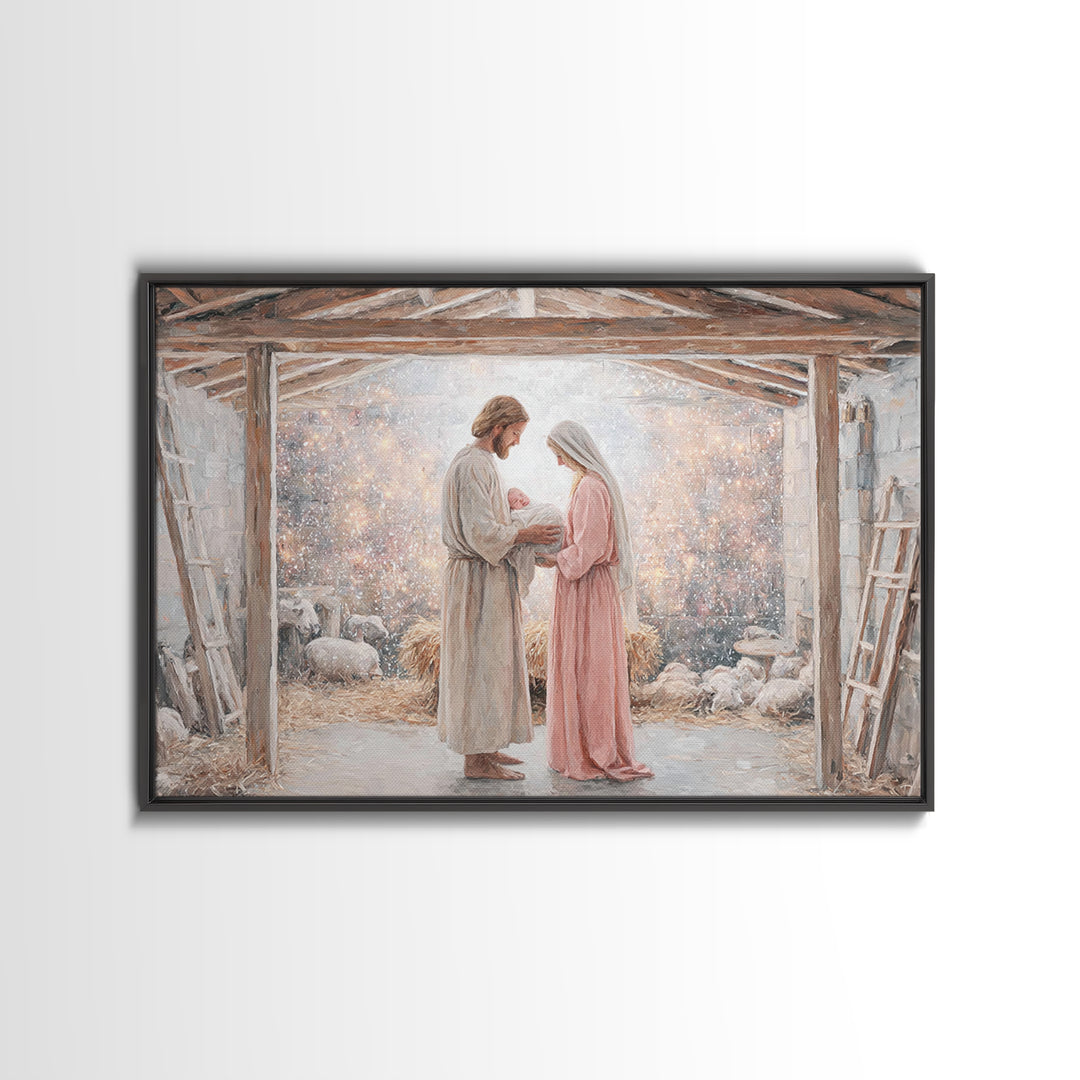 Holy Nativity Light | Framed Canvas Print | Christian Art Canvas | Christmas Art | Christian Wall Art | Jesus Christmas Art | Christian Gif