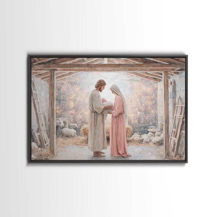 Holy Nativity Light | Framed Canvas Print | Christian Art Canvas | Christmas Art | Christian Wall Art | Jesus Christmas Art | Christian Gif