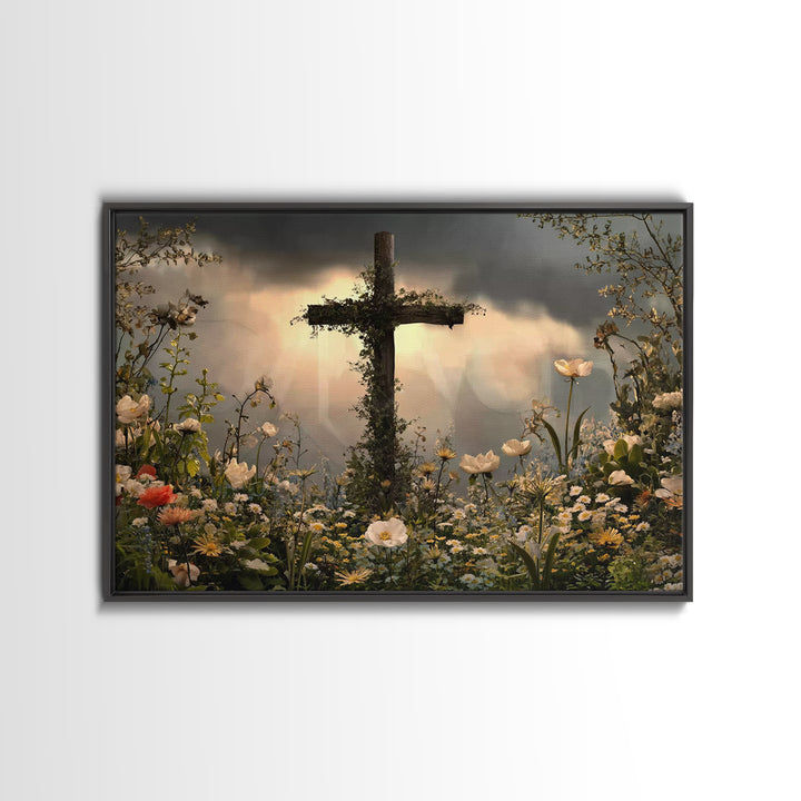 Cross Of Renewal – Framed Canvas Print – Christian Wall Art – Christian Art Canvas – Christian Paintings – Floral Christian Art – Christian
