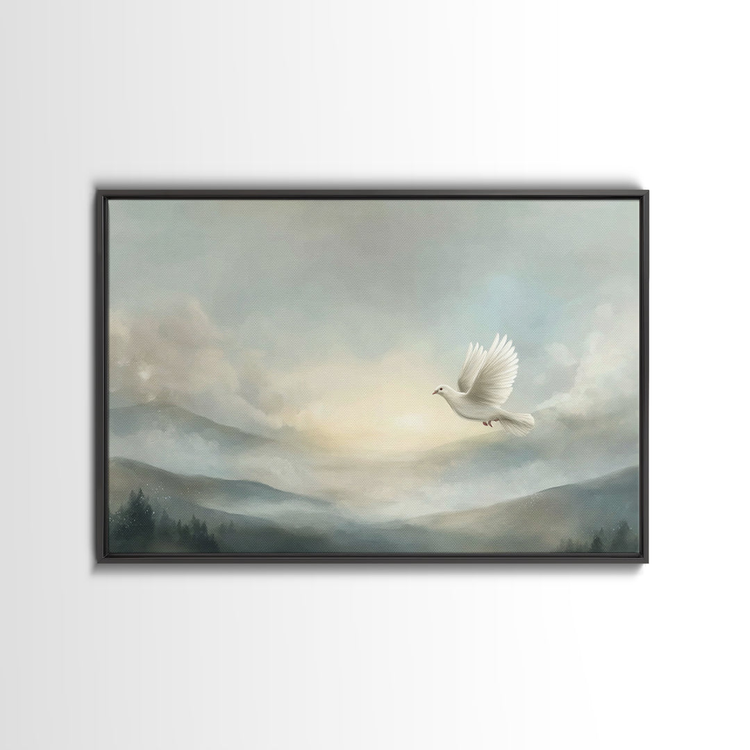Heavenly Dove Light, Framed Canvas Print, Christian Wall Art, Christian Art Canvas, Christmas Art Prints, Christian Gift, Subtle Christian