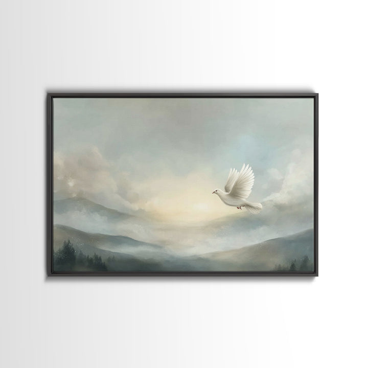 Heavenly Dove Light, Framed Canvas Print, Christian Wall Art, Christian Art Canvas, Christmas Art Prints, Christian Gift, Subtle Christian
