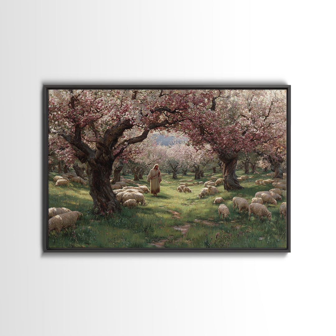 Shepherd’s Garden – Framed Canvas Print – Jesus Painting – Christian Wall Art – Christian Art Canvas – Pastoral Scenery – Christian Christm