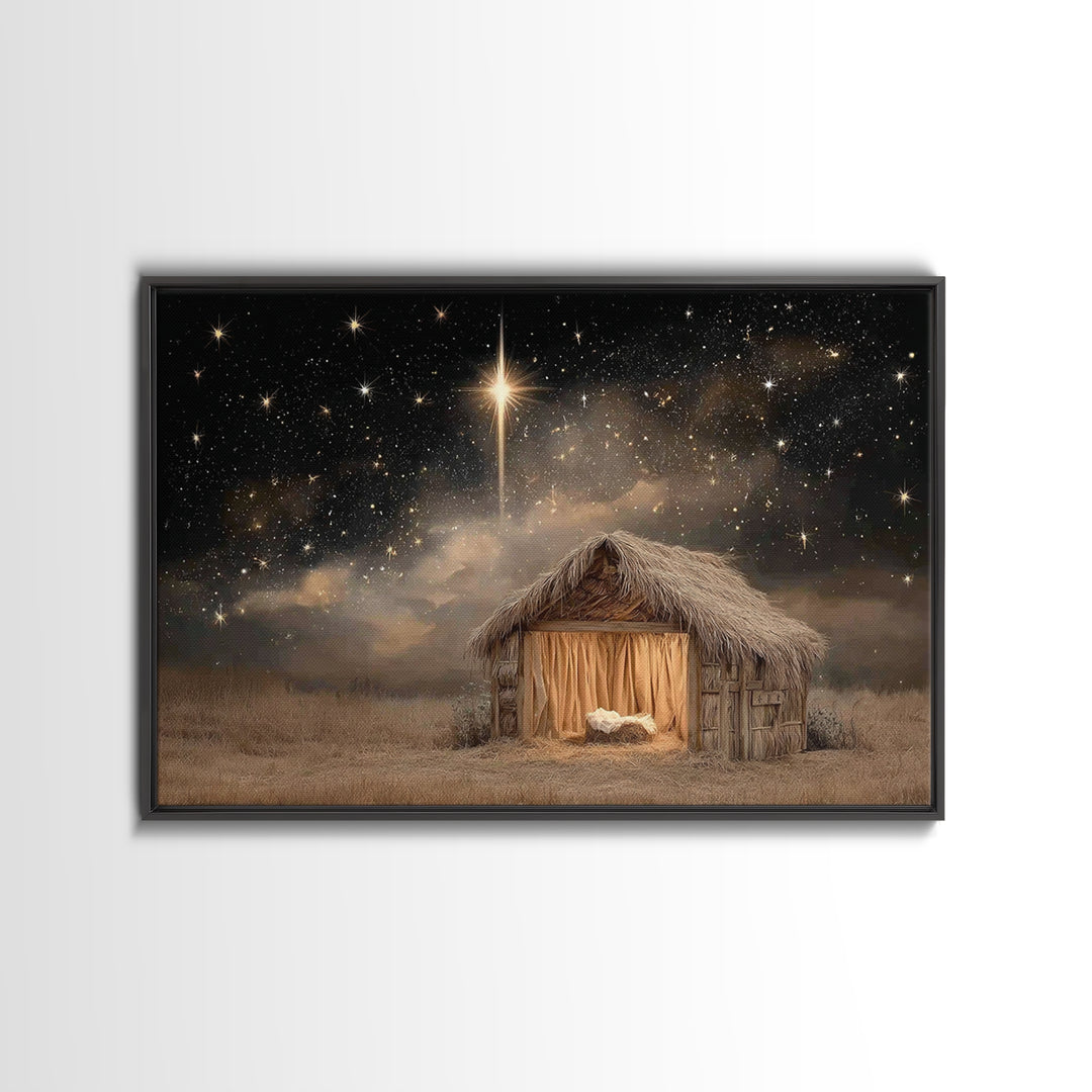 Mountain Chapel Night, Framed Canvas Print, Christian Art Canvas, Christian Wall Art, Christmas Art Framed, Modern Christian Art