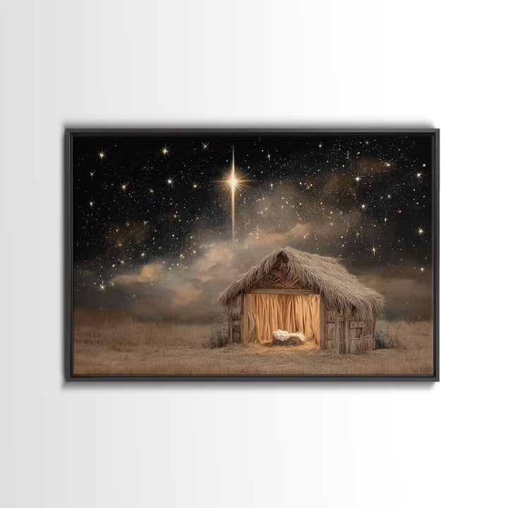 Mountain Chapel Night, Framed Canvas Print, Christian Art Canvas, Christian Wall Art, Christmas Art Framed, Modern Christian Art