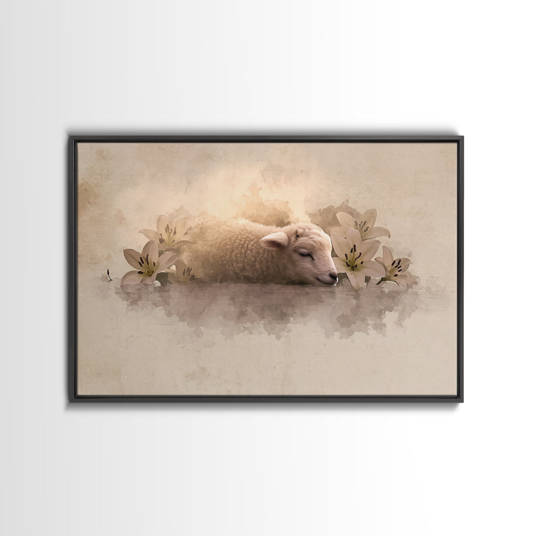 Lamb Of Peace – Framed Canvas Print – Christian Wall Art – Christian Art Canvas – Jesus Painting – Pastoral Scenery – Christian Christmas A