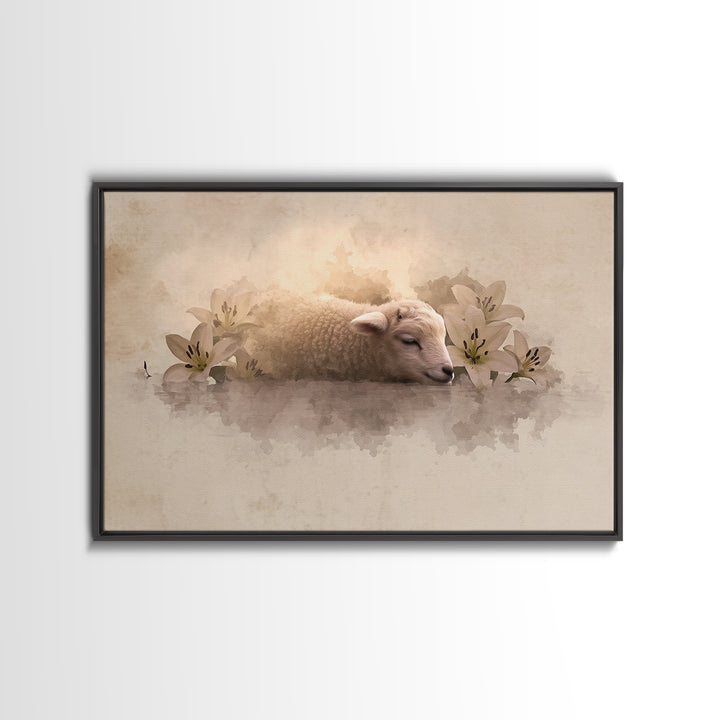 Lamb Of Peace – Framed Canvas Print – Christian Wall Art – Christian Art Canvas – Jesus Painting – Pastoral Scenery – Christian Christmas A