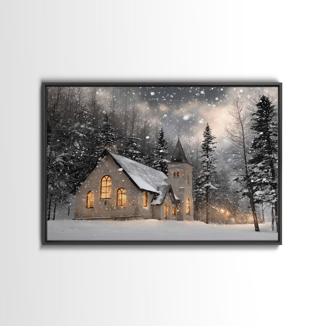 Frosted Sanctuary – Framed Canvas Print – Christian Wall Art – Christmas Canvas Wall Art – Christian Christmas Art – Moody Christmas Art –