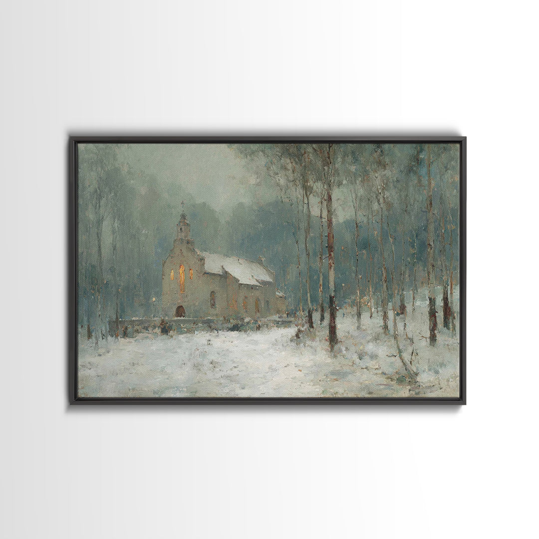 Frosted Church Peace – Framed Canvas Print – Christian Wall Art – Vintage Christian Art – Christmas Art Framed – Christian Christmas Art –