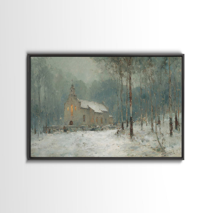 Frosted Church Peace – Framed Canvas Print – Christian Wall Art – Vintage Christian Art – Christmas Art Framed – Christian Christmas Art –