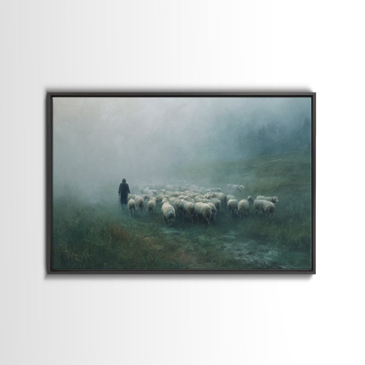 Misty Pasture Dawn, Framed Canvas Print, Christian Wall Art, Moody Christian Art, Christian Christmas Art, Christian Art Canvas, Subtle Chr