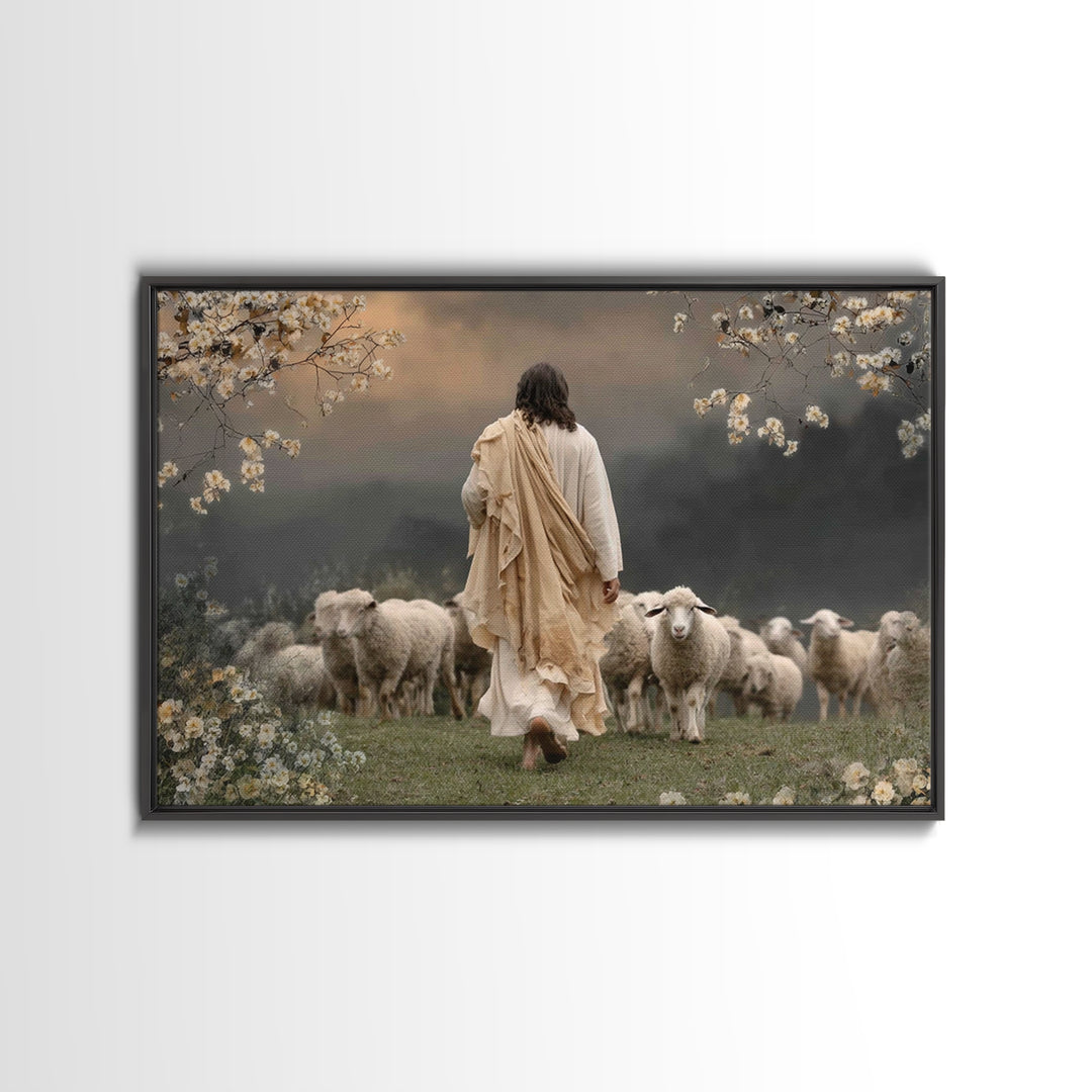 Graceful Pasture Walk | Framed Canvas Print | Jesus Painting | Christian Art Canvas | Christian Wall Art | Christian Gift | Modern Christia