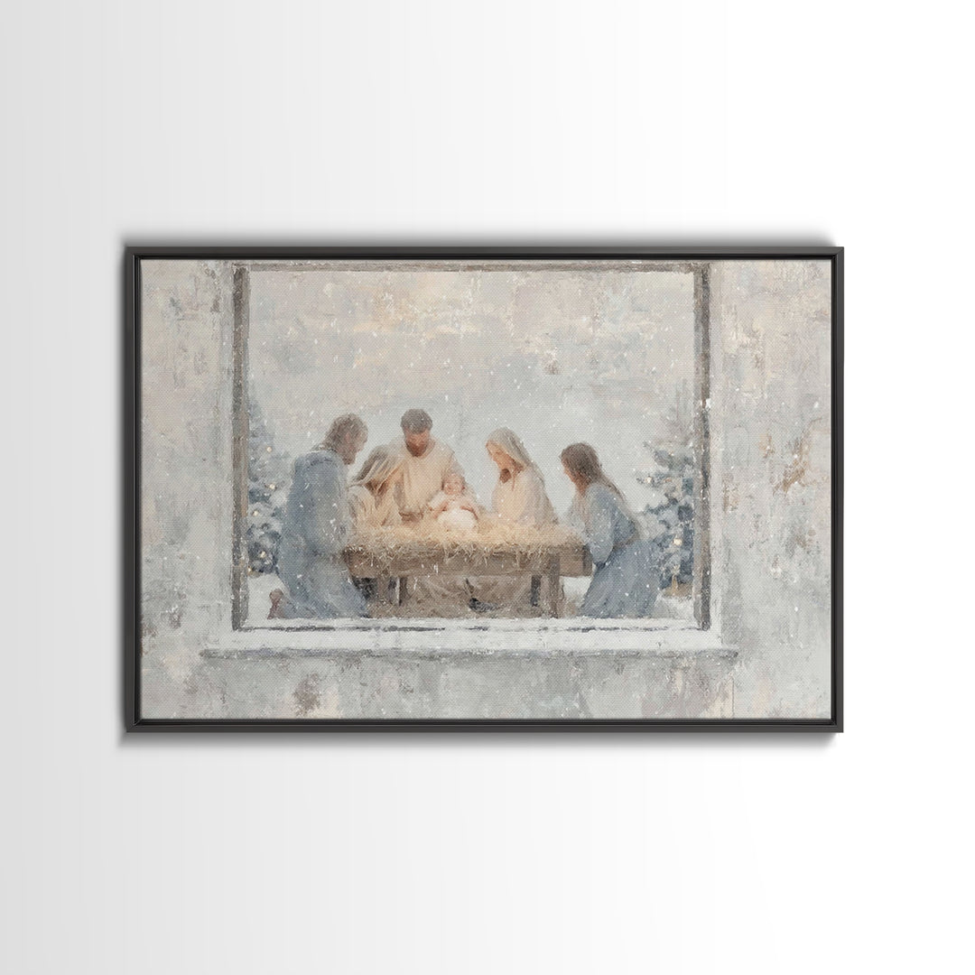 Holy Night Gathering Light – Framed Canvas Print – Christian Wall Art – Christian Art Canvas – Jesus Painting – Christian Christmas Art