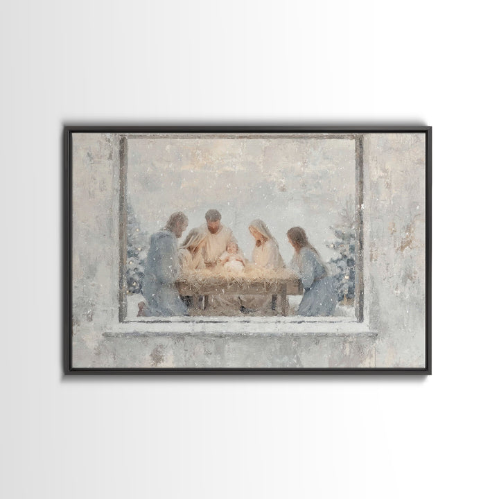 Holy Night Gathering Light – Framed Canvas Print – Christian Wall Art – Christian Art Canvas – Jesus Painting – Christian Christmas Art
