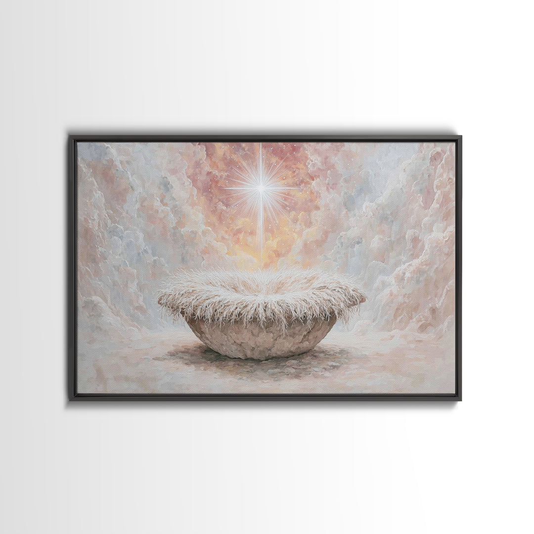 Heavenly Cradle Glow – Framed Canvas Print – Christian Art Canvas – Framed Christian Art – Christmas Wall Art – Vintage Christmas Art