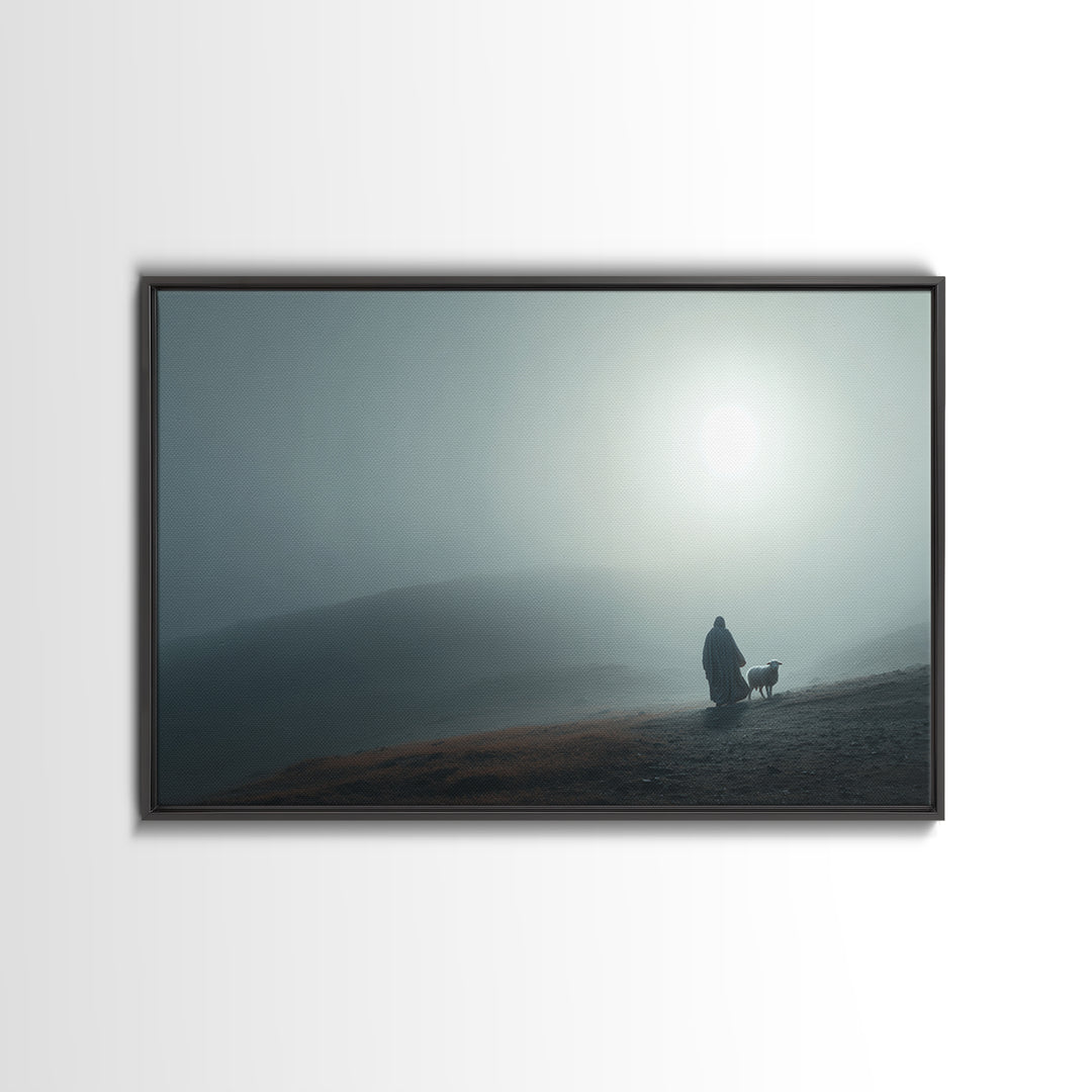Misty Valley Shepherd – Framed Canvas Print – Christian Art Painting – Christian Decor – Blue Christian Art – Large Jesus Wall Art