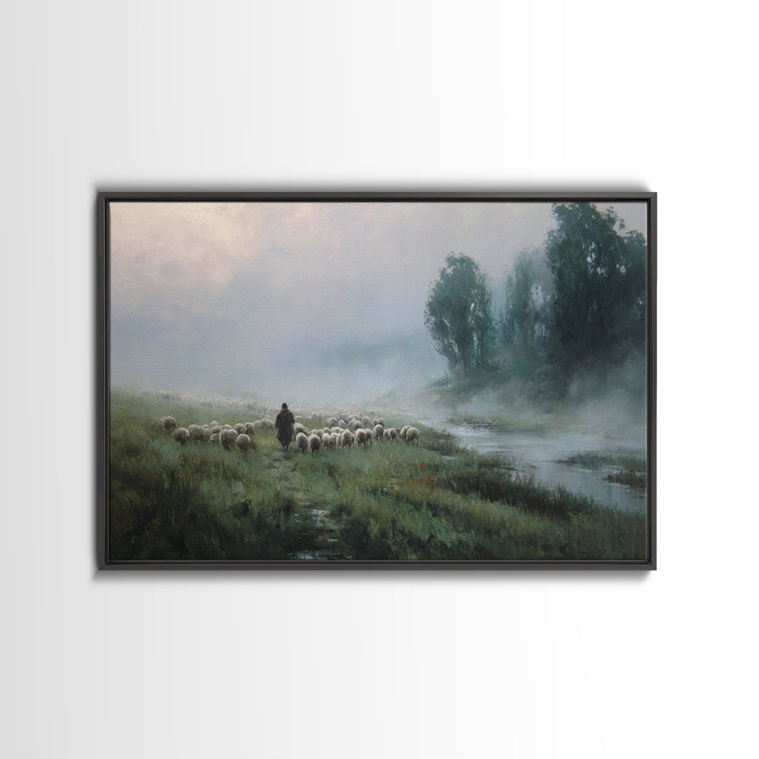 Misty River Flock | Framed Canvas Print | Christian Wall Art | Christian Painting | Christian Art Canvas | Subtle Christian Art | Christian