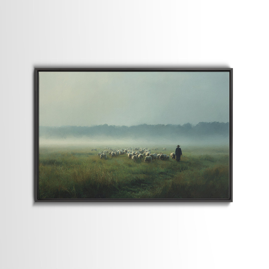 Morning Meadow Flock, Framed Canvas Print, Christian Art Work, Christian Wall Art, Jesus Painting, Large Christian Painting, Christian Art