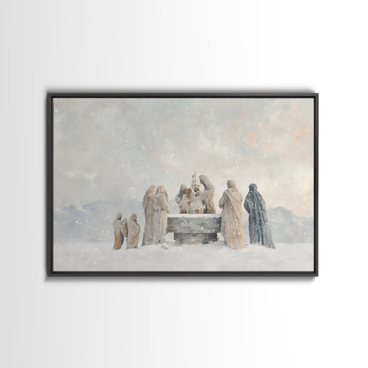 Snowfall Reverence – Framed Canvas Print – Christian Wall Art – Christian Art Canvas – Christmas Art – Jesus Christmas Art – Christian Gift