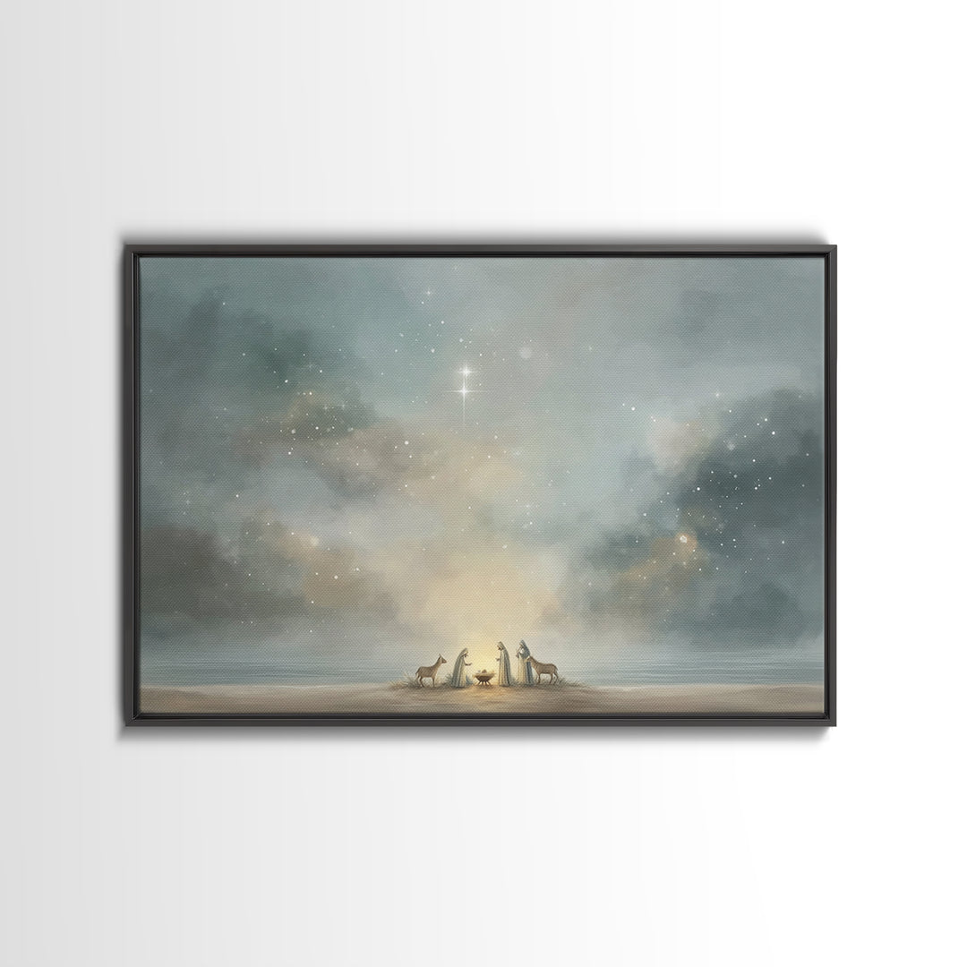 Starry Night Nativity – Framed Canvas Print – Christian Christmas Art – Christian Wall Art – Jesus Painting – Christmas Art Prints – Christ