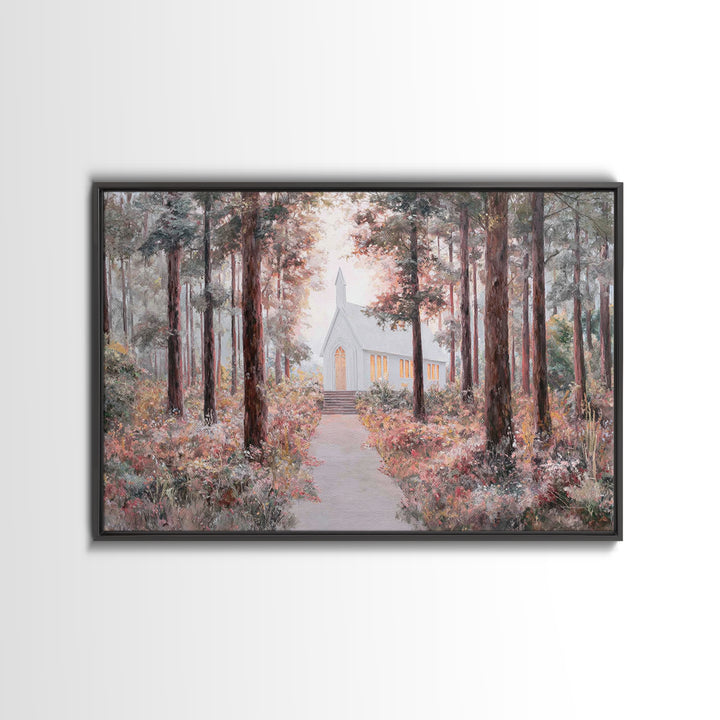 The Woodland Chapel – Framed Canvas Print – Christian Wall Art – Christian Art Canvas – Christian Painting – Christmas Art – Christian Deco