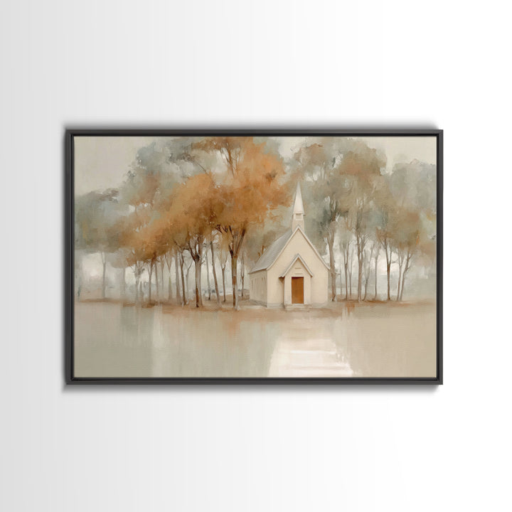Evening Chapel Glow, Framed Canvas Print, Christian Wall Art, Christian Art Canvas, Moody Christmas Art, Christian Christmas Decor, Christi