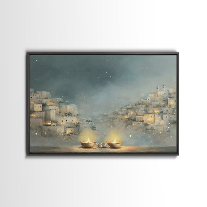 City Of Lights, Framed Canvas Print, Christmas Wall Art, Christian Christmas Art, Christian Decor For Home, Christian Art Print, Christian