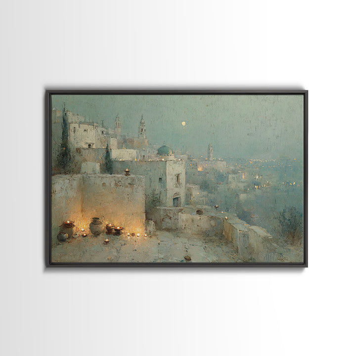 Moonlit Bethlehem, Framed Canvas Print, Christian Wall Art, Christian Art Painting, Christmas Art Work, Christian Christmas Decor, Christia