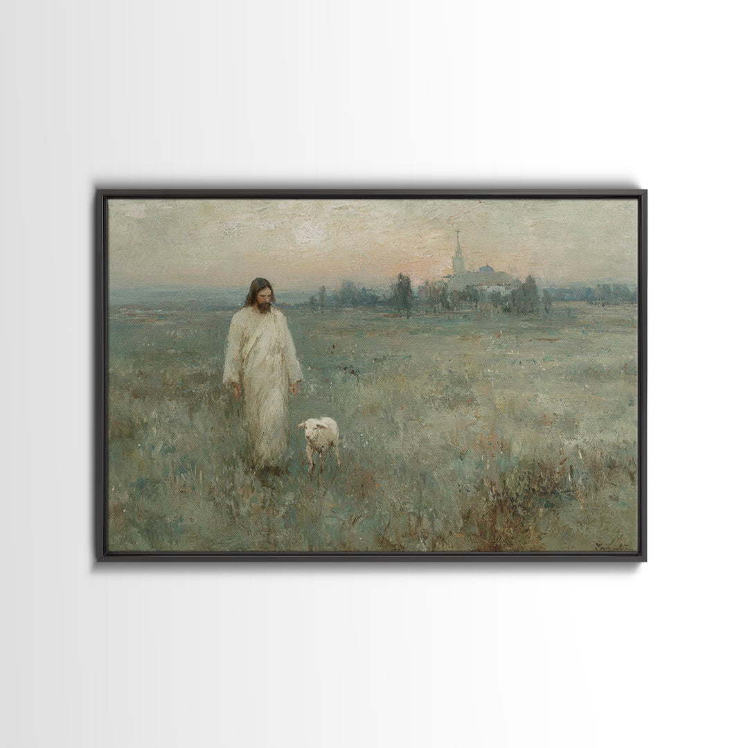 Shepherd At Sunrise, Framed Canvas Print, Christian Wall Art, Christian Art Canvas, Vintage Christian Art, Christian Painting, Christian Gi