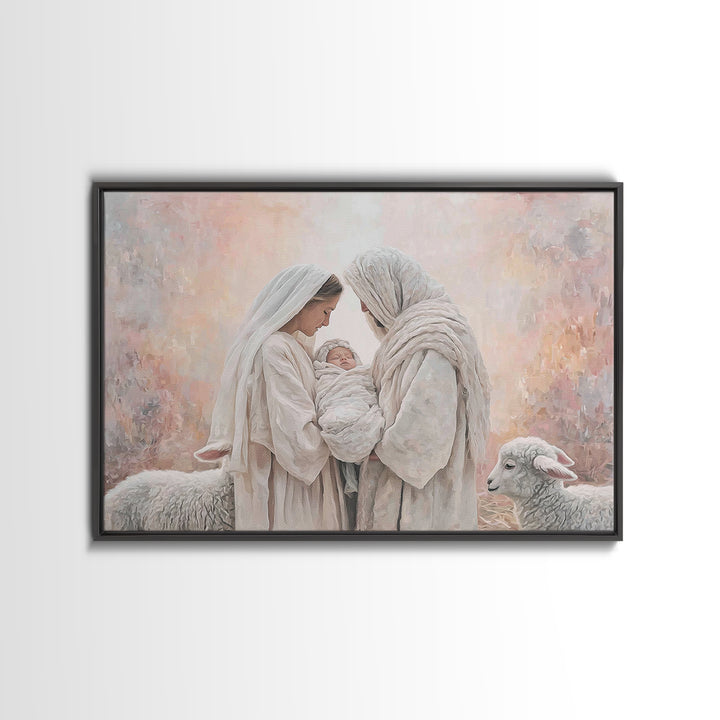Wooden Nativity Glow, Framed Canvas Print, Christian Art Canvas, Christian Wall Art, Jesus Painting, Christian Christmas Art, Christmas Art