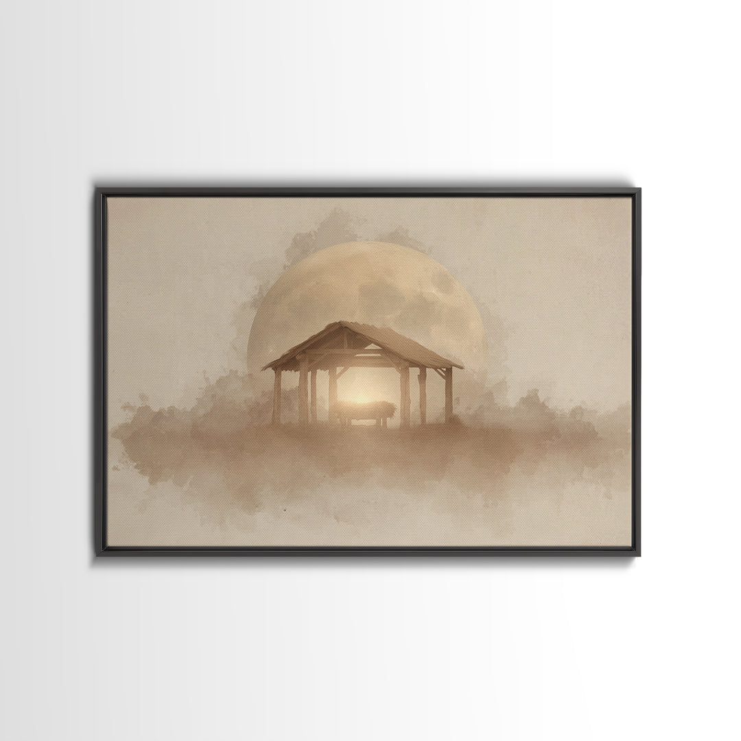 Silent Manger Moon – Framed Canvas Print – Christian Wall Art – Christmas Art Prints – Christian Art Canvas – Christian Christmas Art – Jes