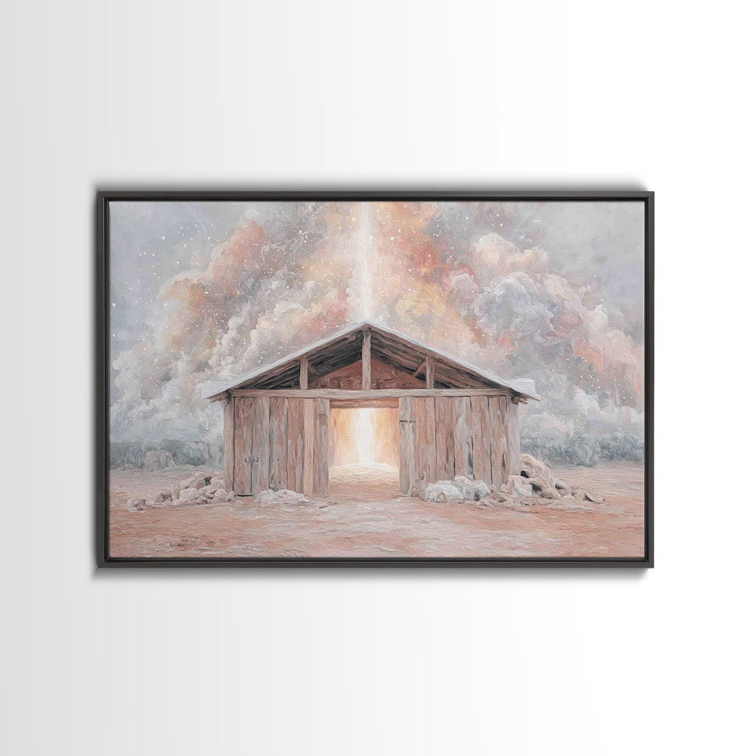 Heaven’s Stable Fire, Framed Canvas Print, Christian Art Canvas, Christian Wall Art, Christian Christmas Art, Christmas Art Prints, Jesus P