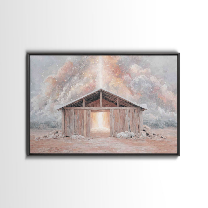 Heaven’s Stable Fire, Framed Canvas Print, Christian Art Canvas, Christian Wall Art, Christian Christmas Art, Christmas Art Prints, Jesus P
